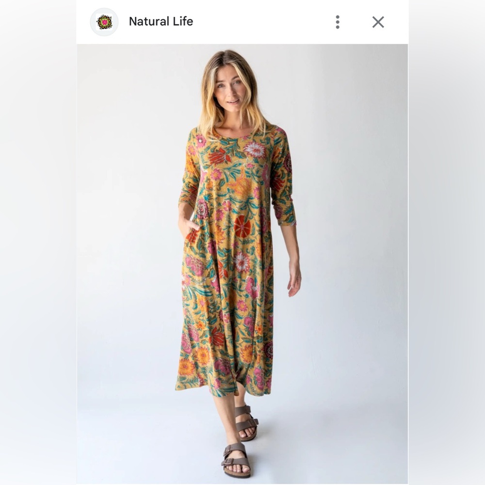 NATURAL LIFE Floral Long Sleeve Midi Dress in Mustard and Pink